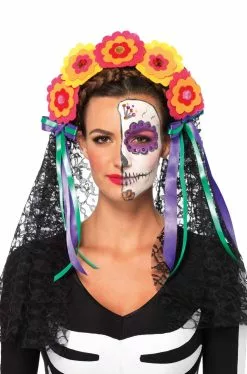 Day Of The Dead Flower Headband With Lace Veil